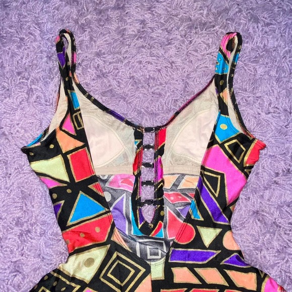 10 VTG La Blanca Funky Geometric Print Neon Gold High Cut One Piece Swimsuit - Picture 8 of 12